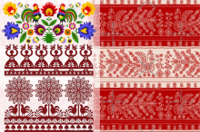 An image showing a sample Karelian embroidery pattern and Polish wycinanki