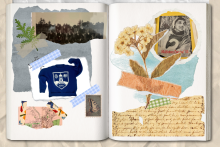 collage of photos, a handwritten letter, a map, and pressed plants with tape on an open blank journal.