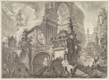 Etching by Giovanni Battista Piranesi showing dramatic architectural subjects