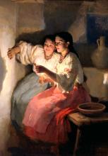 Painting depicting two girls sitting down in traditional Ukrainian attire, one of whom is holding a candle; they both study the shadows on the wall cast by the candle.
