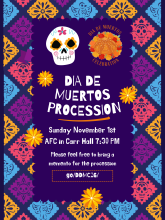multicolored cutouts surround invitation to Dia de muertos Procession on Nov 1