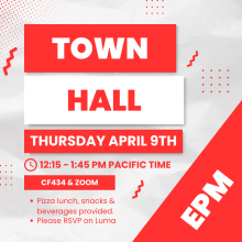 There are the words "Town Hall" shifted to right in the image. These letters in the words are capitalized and in bold. The first word, "Town", has white letters and a red background, while the second word, "hall" has red letters and a white background. Underneath the second word is the date in which the town hall takes place (Thursday, April 9th), with white capitalized letters on a red background. Under this is the time of the event written in red text (12:15 PM to 1:45 PM Pacific Time). Then the location…