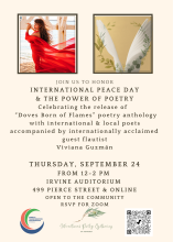 Image of wings of a dove and olive branches with an invitation to the event open to the community at large.  The hybrid event will be held 12-2pm in Irvine Auditorium and online on Zoom.