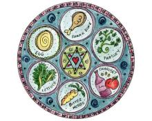 A seder plate with symbolic Passover foods.