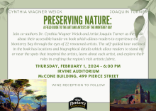 Faded green border with leaves in the upper corners. Green text describing the event with images of two painting in the lower corners.