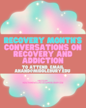 colorful clouds background with pink and teal text reading recovery month's conversations on recovery and addiction