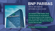 Flyer for BNP Paribas virtual informational session to learn more about the GFS team.