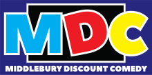 Three large letters at the top that say "MDC" and "Middlebury Discount Comedy" below the letters in white text