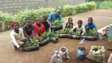Tabi Joda sitting with a group of children, each holding a small tree seedling.