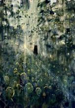 Oil painitng of a field of green fiddlehead ferns with a ray of light coming through a forest of trees. A black bear stands in the distance with gaze towards the viewer.