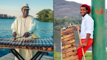 a collage of the two artists with their instruments