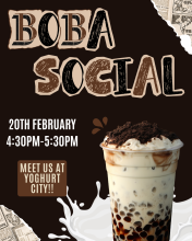 Get a chance to know other international students with boba! Meet us at Yohgurt City at 4:30pm!