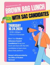 Brown bag lunch with SAC candidates. Carton image of a man holding a blow horn.