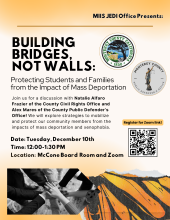 Join us for a discussion with Natalie Alfaro Frazier of the County Civil Rights Office and Alex Mares of the County Public Defender’s Office! We will explore strategies to mobilize and protect our community members from the impacts of mass deportation and xenophobia.