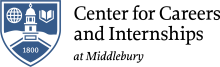 Middlebury College blue emblem with black lettering to the right Center for Careers and Internships