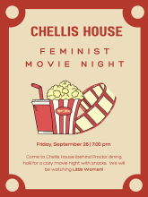 A red poster with popcorn and details about a feminist movie night.