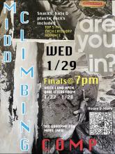 Come to our annual winter term climbing competition! Watch your friends, eat snacks, and win prizes!