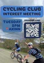 The image's title says "Cycling Club Interest Meeting" and states that the meeting is on Tuesday at 8pm in Axinn. There is a photo of two cyclists pointing at the title.