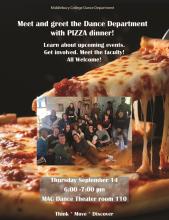 Pizza in the background, with a photo of Dance Department students in the foreground, and text detailing the information about the event.