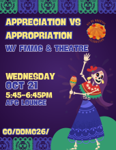 yellow and blue text on a dark purple background and a skeleton in a dress playing a maraca