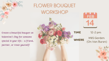 Light pink background with bouquets of flowers advertising the flower bouquet workshop on February 14.