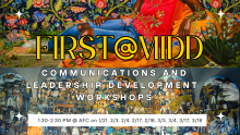 Text that reads First@Midd: COmmunications and leadership development workshops over two murals.