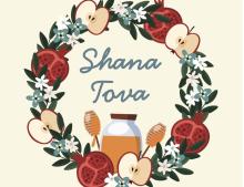 colorful artwork of a wreath with honey, apples and pomegranates