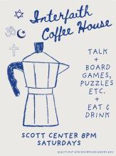 hand-drawn press coffee maker, with interfaith sympols