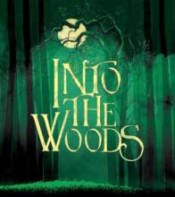 Into the Woods official logo.  Green woods with yellow printing of words.