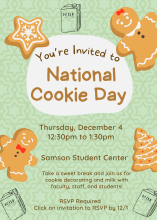 National Cookie Day on Thursday, December 4th from 12:30PM - 1:30PM. RSVP is required by 12/1. Cookies in different shapes on a light green background.