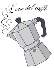 sketch of moka coffee pot with stylized steam emerging from spout and script text above reading "l'ora del caffè"