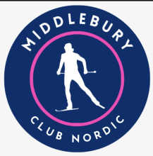 Middlebury Club Nordic Logo - Circular blue emblem with pink high lights and cross country skier in the center.