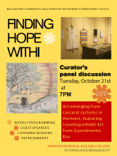 yellow poster with images of crocheted items (a dress, a blanket), image of a color pencil drawing of a person in a swing before a sunset and hills.