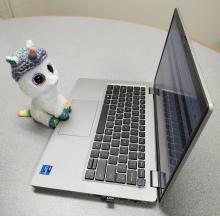 A small unicorn plush toy with rainbow-colored eyes, hooves, tail and horn, sits in front of an open laptop.