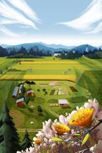 colorful floral foreground with garden and mountains in background