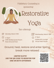Restorative Yoga. This is an opportunity to ground, heal and restore your mind and body through a gentle yoga practice.