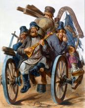 Drawing of an old-timey horse drawn cart with 3 jolly men in the rear. The cart is moving away from the viewpoint.