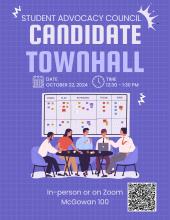 Purple background with cartoon boardroom meeting advertising the Student Advocacy Council Candidate Town Hall.