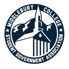 Middlebury College Student Government Association Logo in blue with image of New Chapel and mountains.