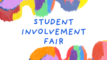 White background with colorful rainbow border, blue text reading "Student Involvement Fair" in the center.