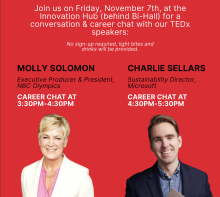 Join us at The Innovation Hub on November 7th at 3:30pm for a casual conversation with Molly Solomon (P ’26), Executive Producer and President of NBC Olympics and 4:30pm for a casual conversation with Charlie Sellars, Director of Sustainability at Microsoft.  Molly and Charlie are two of four honorable TEDx speakers for this year’s TEDxMiddlebury conference (save the date: November 8that 2pm!).  Molly and Charlie will share their career journeys, and we will conclude with student Q&A. Light bites and…
