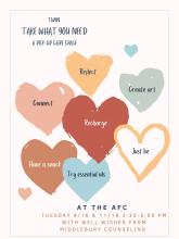 Cluster of 7 colored hearts with text