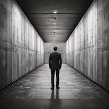 black and white image of a person standing in a hallway