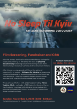 The top part of the image features film poster. The text reads "No Sleep Til Kyiv. Citizens defending democracy." and "A film by Eric Liebman." On the background of the text there's an illustration of sky, clouds and the road. On the bottom part of the image, there's a description of the event. On the right side from the event description, there's a QR code which leads to website "50statesforukraine.com"