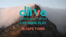 mist over mountain peak
text in turquoise and orange; diiVe define your future live work play in Cape Town