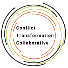 The words Conflict Transformation Collaborative are surrounded by orange, green and black curved lines.