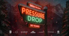 A red and green neon sign with a snowy backdrop that says "TGR Presents, Pressure Drop, 30 Years"
