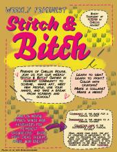 A bright yellow poster with the words "Stitch & Bitch" in pink across the top
