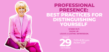 Pink rectangle with seated blonde haired woman in pink jacket and pants to the left, text to the right of event details