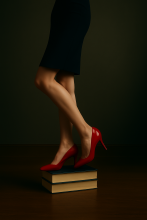 Sideview photo of the lower body of a female dressed in black pencil skirt and red stilettos standing on two thick books.